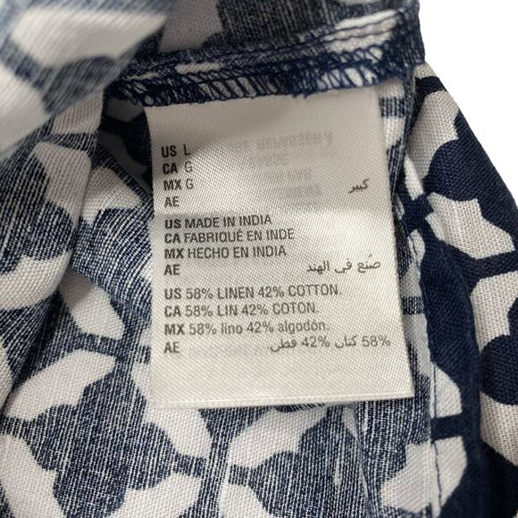 CHARTER CLUB Linen Blue White Geometric Print Blouse Large Tie Front Button Up - Picture 7 of 9